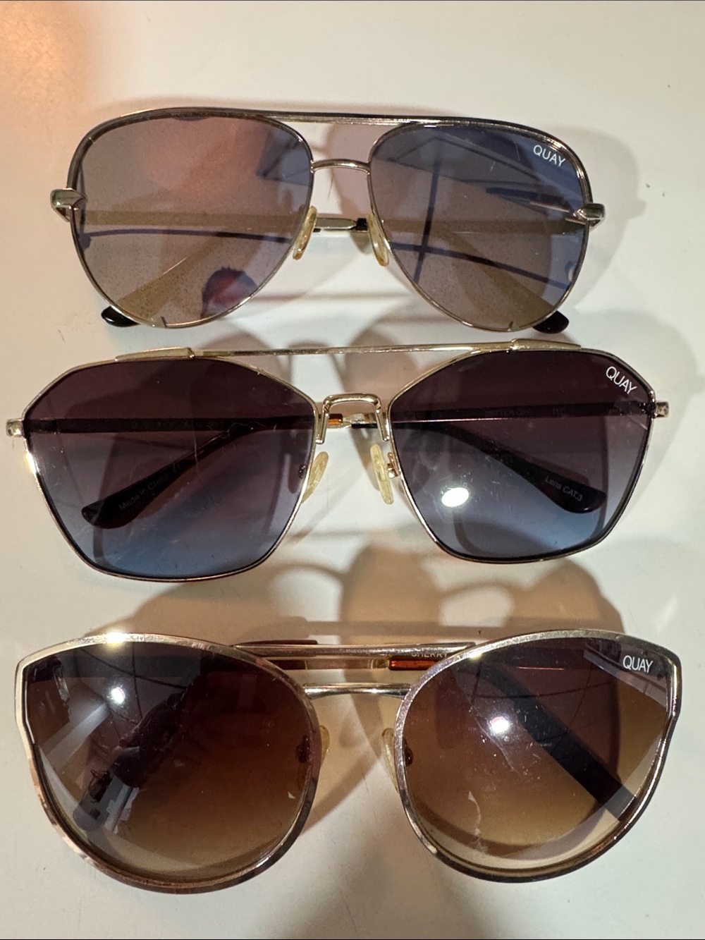 Quay Australia Gold Frame Sunglasses Trio with Brown Gradient Lenses bundle
